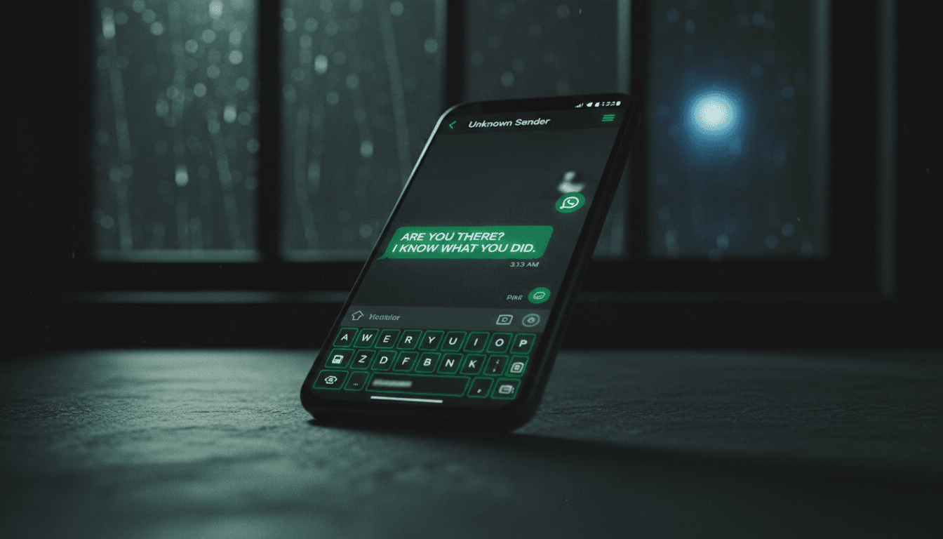 Dark cinematic WhatsApp chat screen with atmospheric lighting and interactive story elements